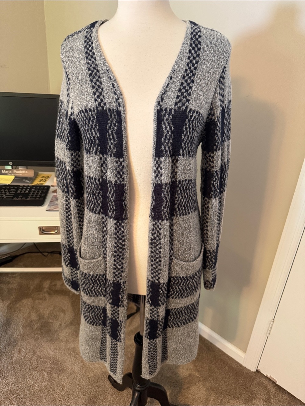 Gray and Navy Plaid Open-Front Women's Cardigan Sweater